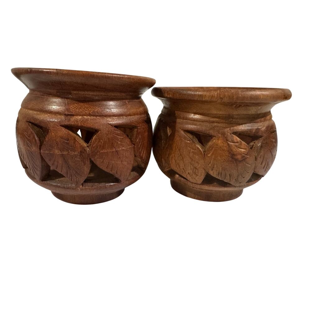 Carved Leaves Wooden Bowls Vessels Candle Holders Set /2